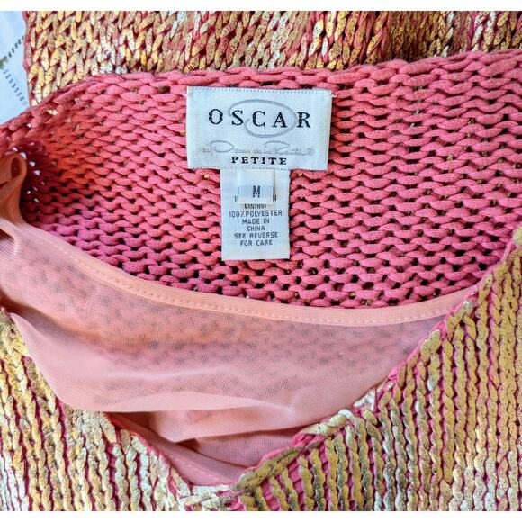 Oscar de la Renta Sweater VTG Petite Med Coral Gold Shimmer Short Sleeve Ribbed - Picture 7 of 9